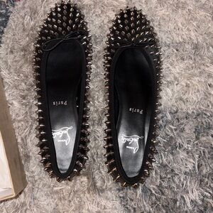 Christian Louboutin Black Leather Spiked Ballet Flats with Bow -100% Authentic!!